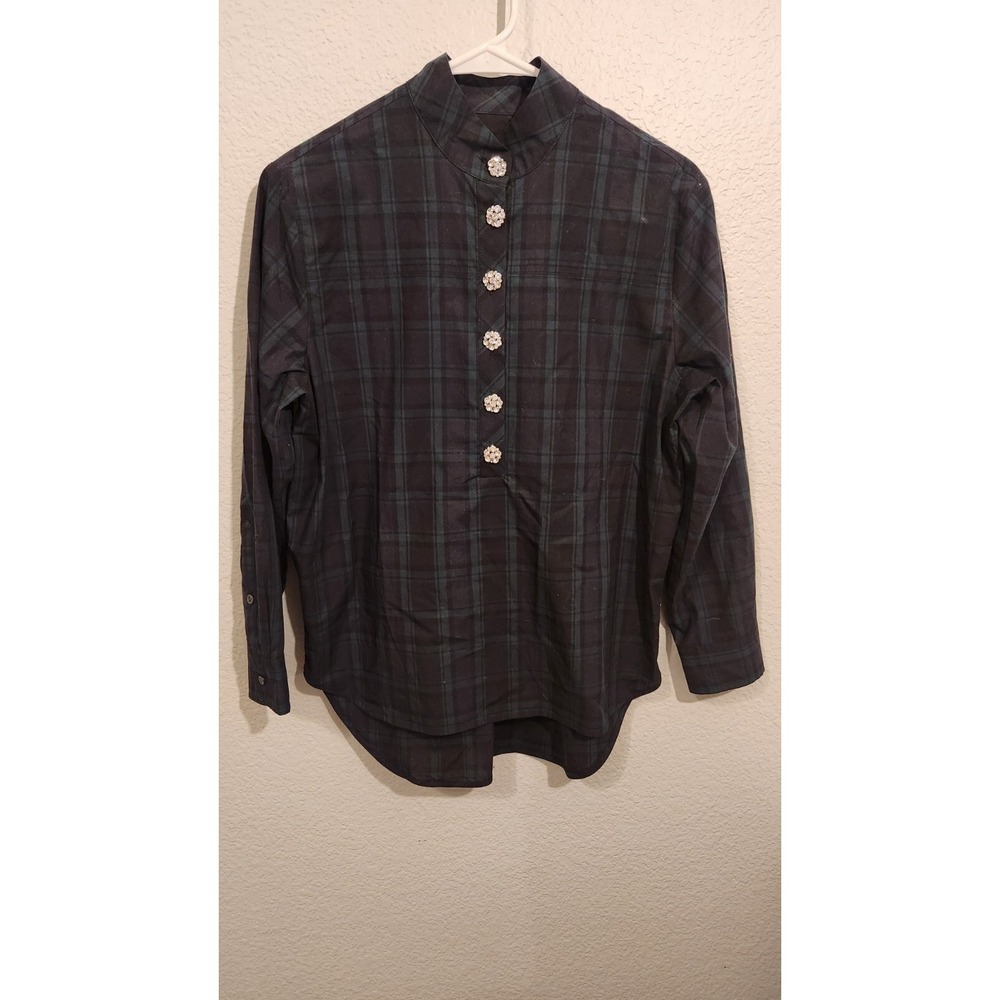 J. Crew Jeweled Button Popover Tunic in Black Watch‎ Tartan-Midnight Emerald-2